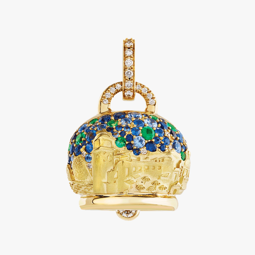 Chantecler Campanelle Ingrid Bergman charm in 18kt yellow gold with emeralds, sapphires and diamonds. Handcrafted in Italy. Discover at Orsini Fine Jewellery Auckland.