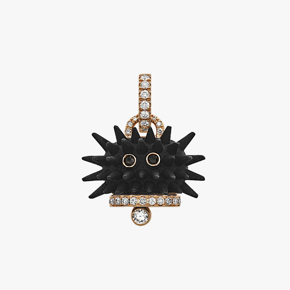 The Chantecler Campanelle Urchin Medium Charm is handcrafted in 18kt rose gold and features black titanium, brilliant white diamonds and striking black diamonds. Inspired by the sea urchins of Capri's Mediterranean waters, this contemporary interpretation of the iconic Campanella showcases bold design and exceptional Italian craftsmanship.