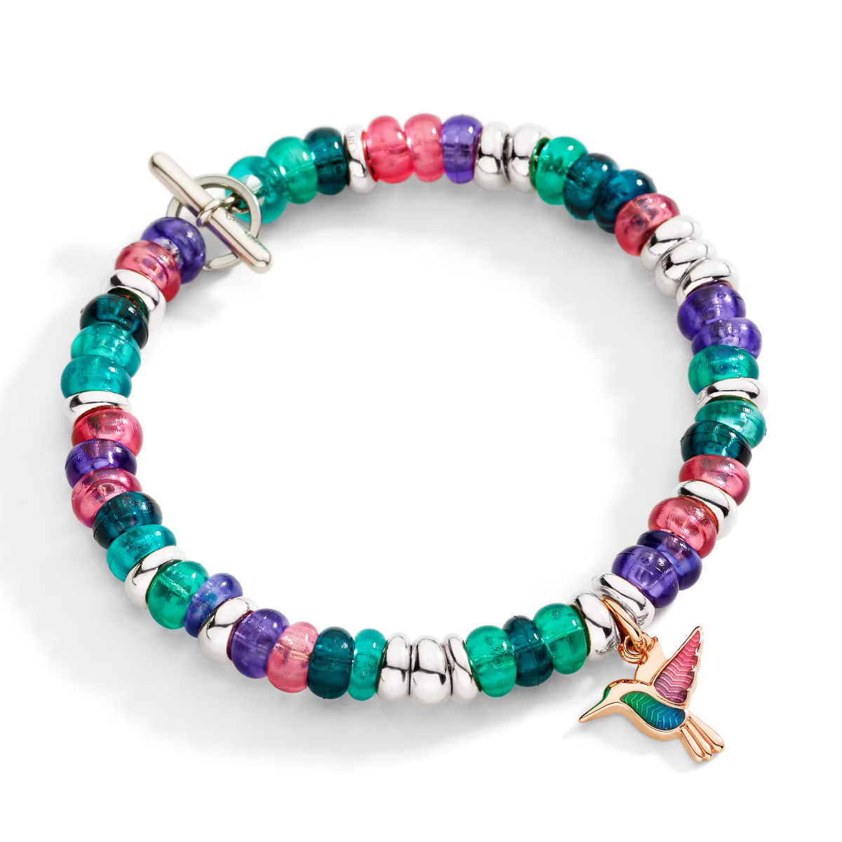 Dodo Rondelle Bracelet in Sterling Silver with Recycled Plastic (Pink &amp; Purple) with hummingbird charm added