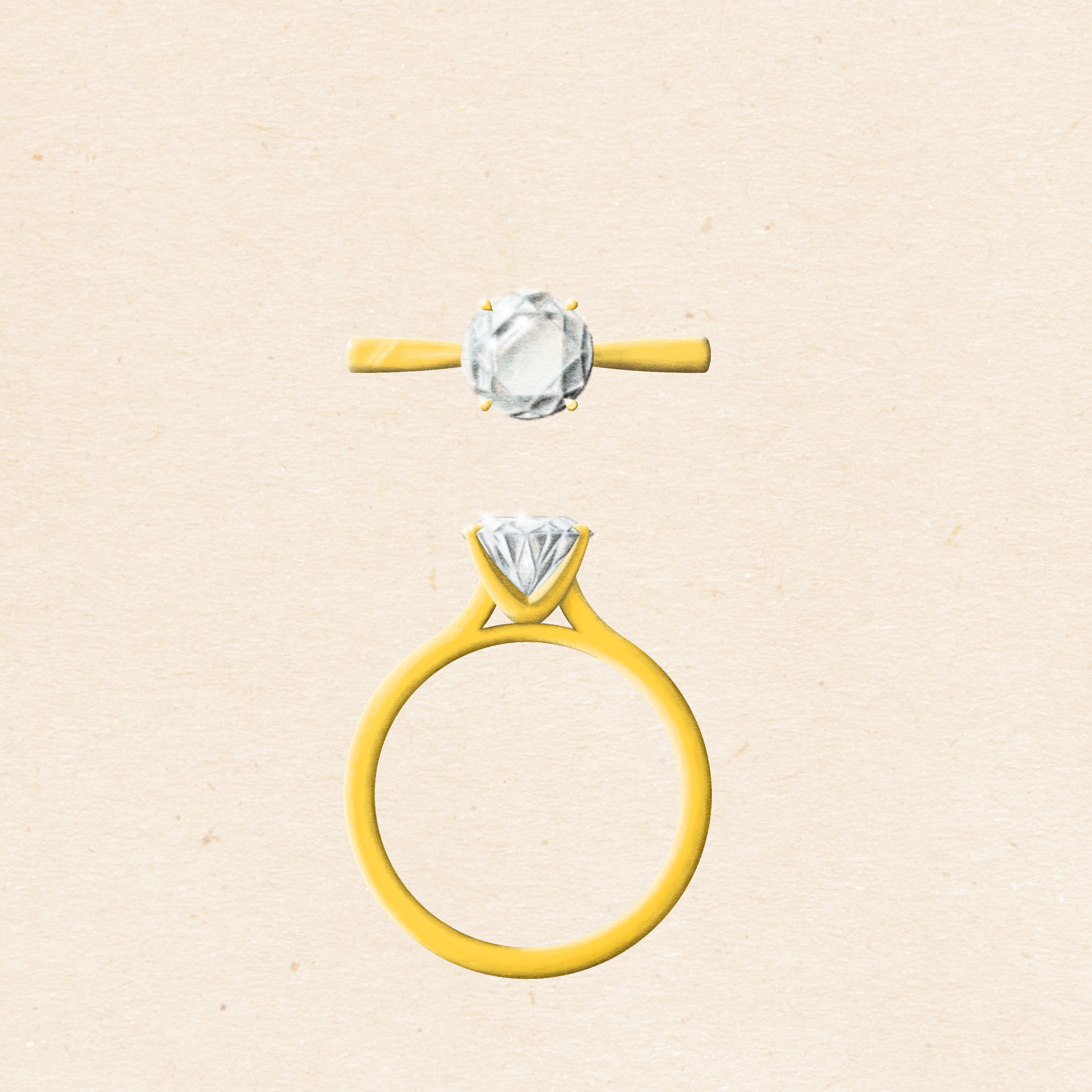 Hand drawing of classic engagement ring design Tulipano setting solitaire diamond with four claws and yellow gold band 