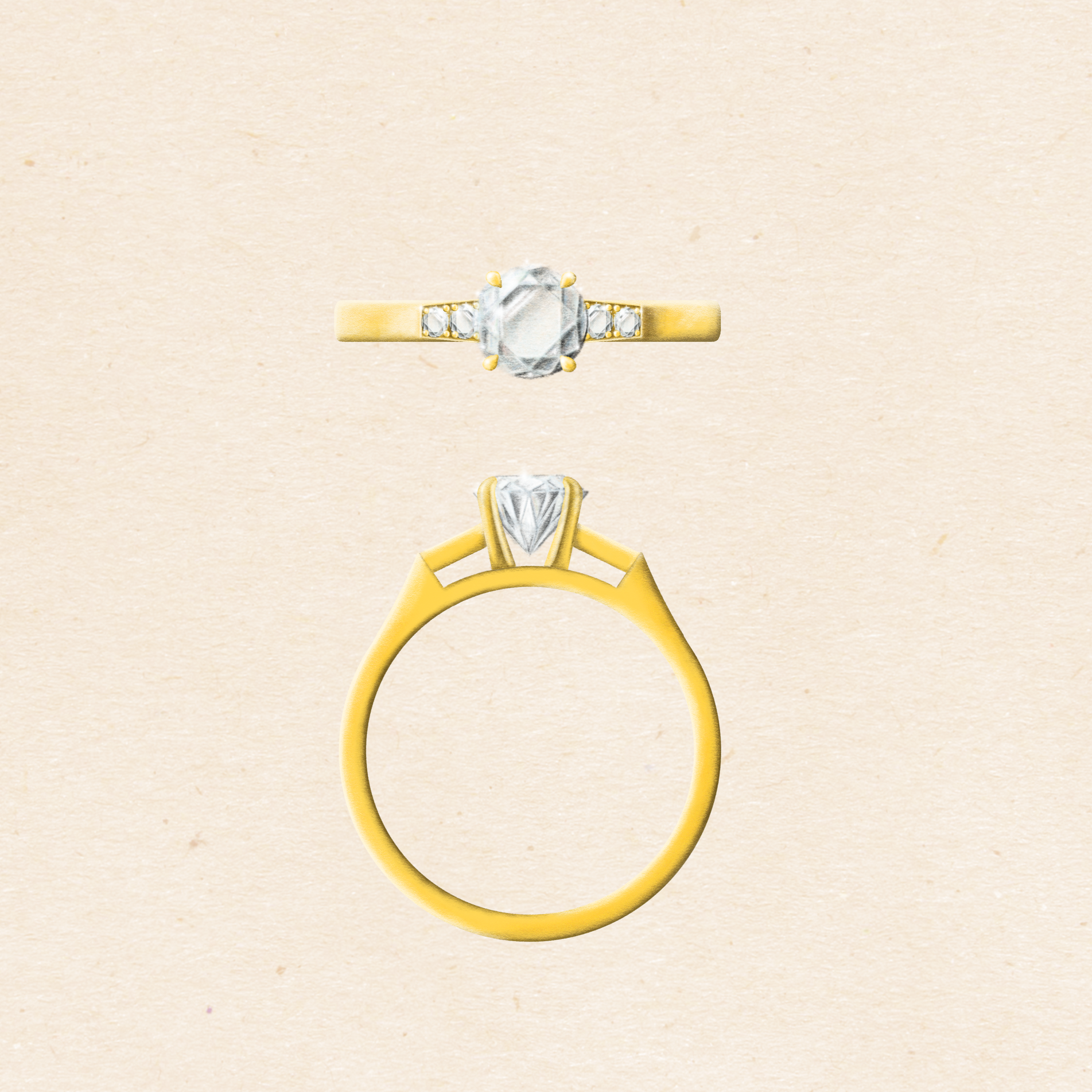 Round diamond and gold band engagement ring illustration side and front view Galvani setting by Orsini Fine Jewellery 