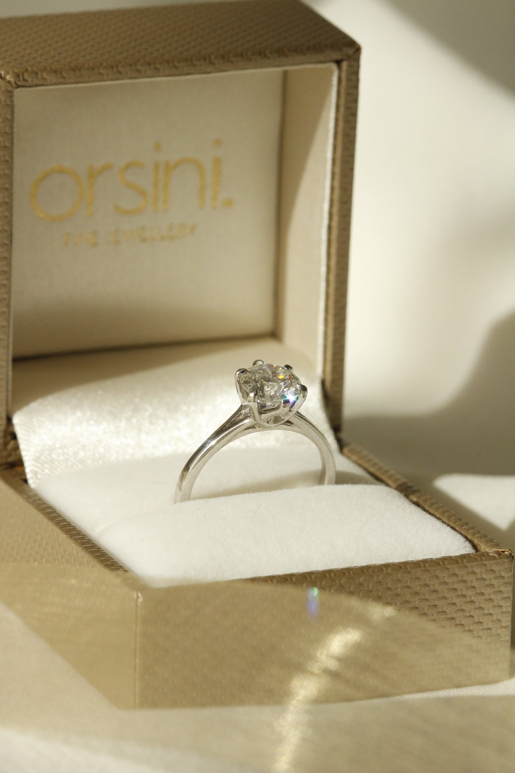 Solitaire diamond with white gold band and Ducale setting classic engagement ring style image taken of ring standing in gold box 