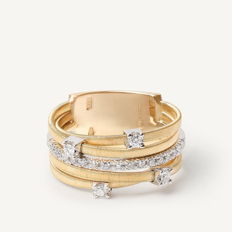 Five-band yellow gold ring with prong-set diamonds and a diamond-studded plaque AG270-B2 YW