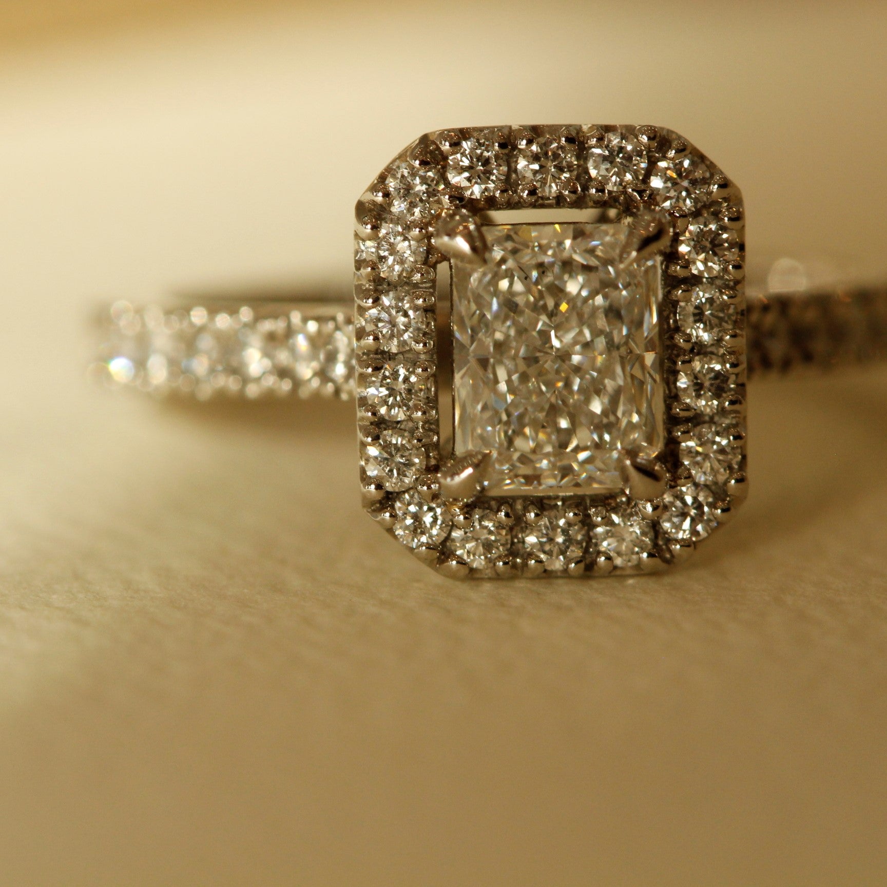Engagement Ring Emerald Cut Featuring Halo Diamonds Le Fenice Design 