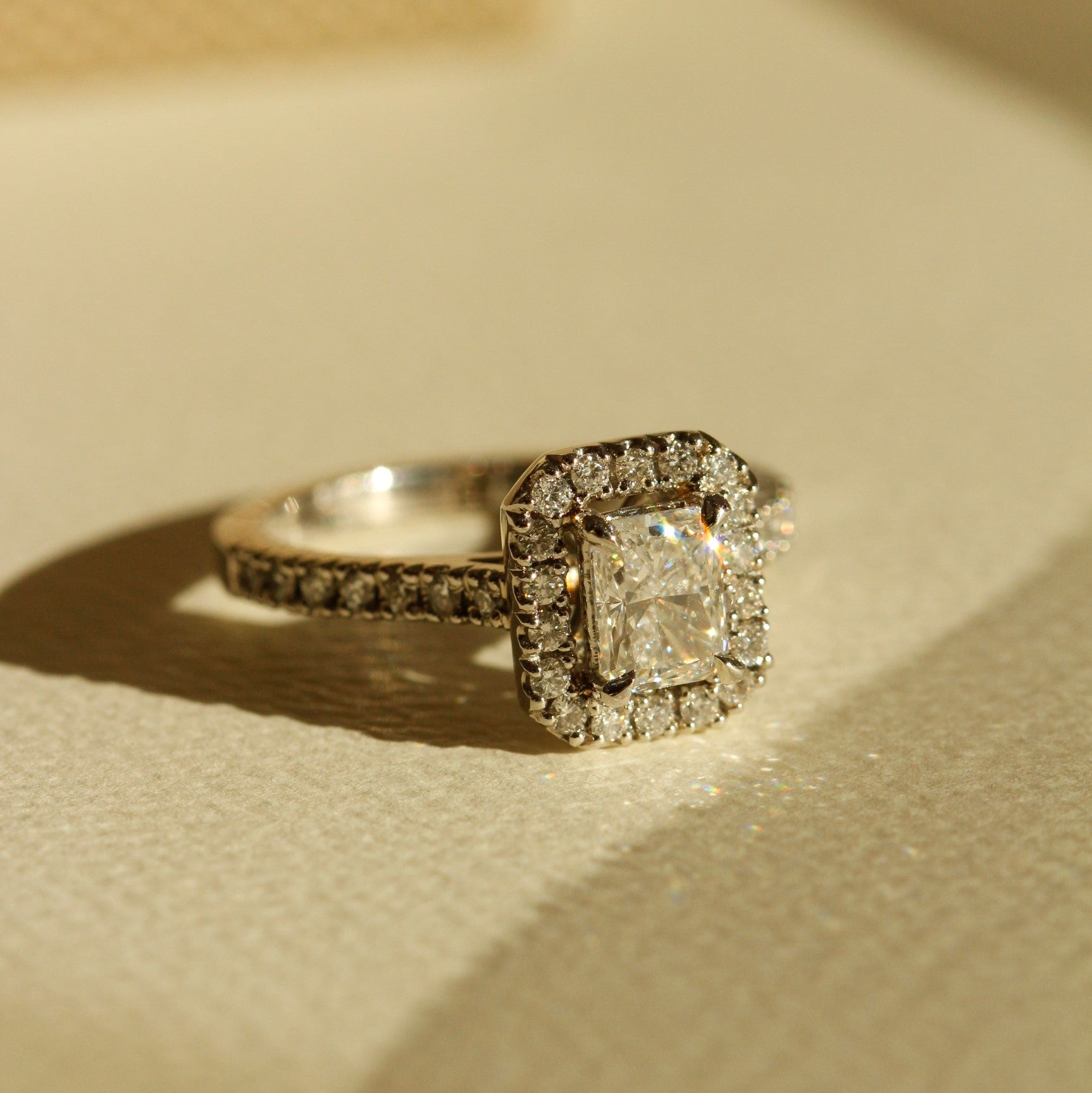 Emerald Cut Halo Engagement Ring with Diamonds