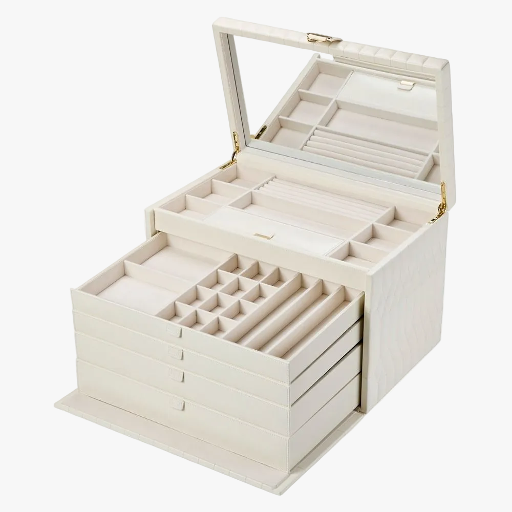 Measuring 42 cm (L) × 28 cm (W) × 24 cm (H), it offers generous capacity while maintaining an elegant profile for a dressing table or wardrobe.