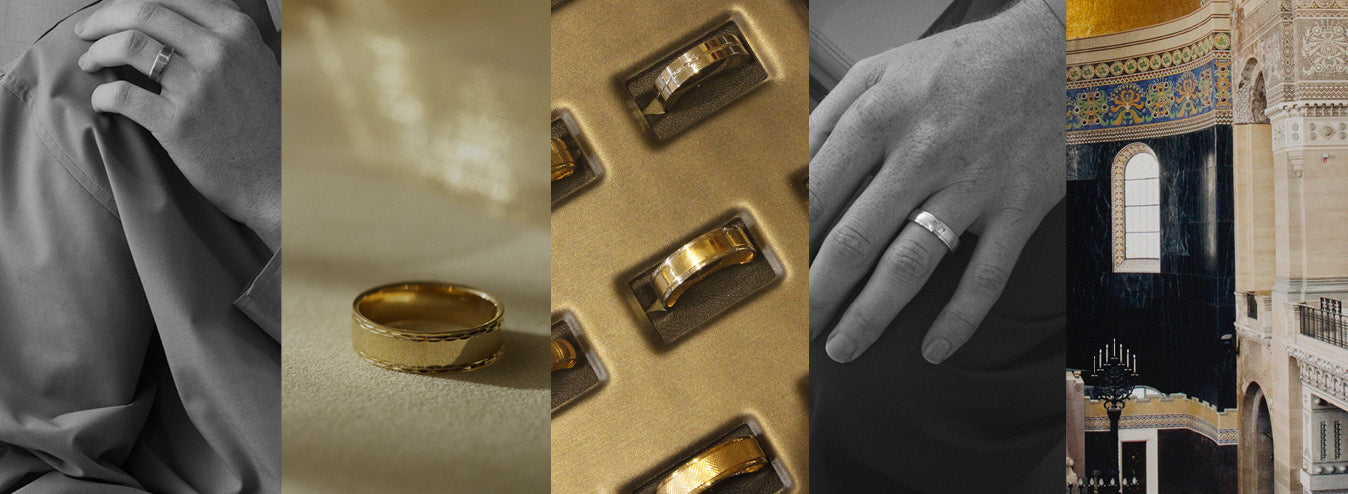 Men's wedding rings banner image with wedding rings worn on hand 
