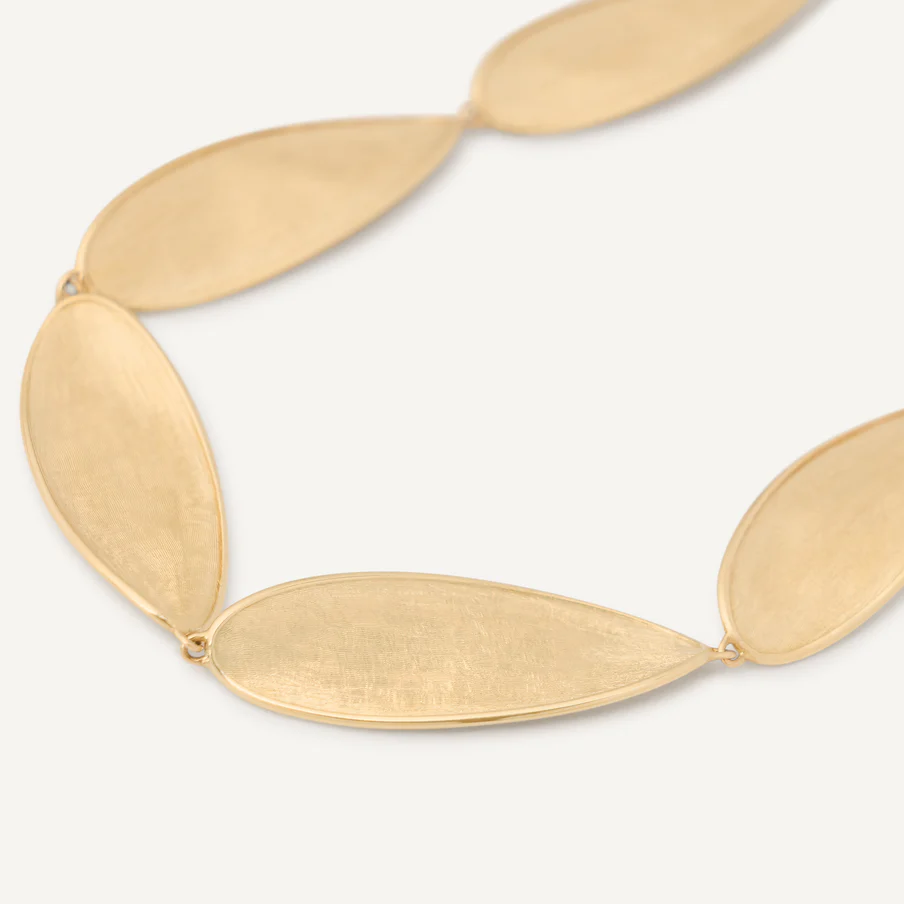 Close Up of hand etched gold Marco Bicego Lunaria Twist Iconic Leaf Gold Necklace (Short) CB2895 Y