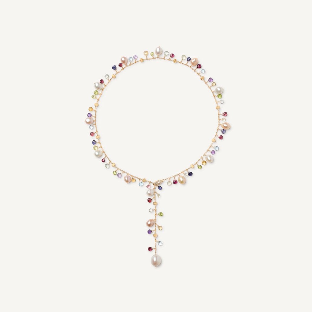 Marco Bicego Paradise Necklace in 18k Yellow Gold with Mixed Gemstone, Diamonds and Pearls CB2586 B MIX114
