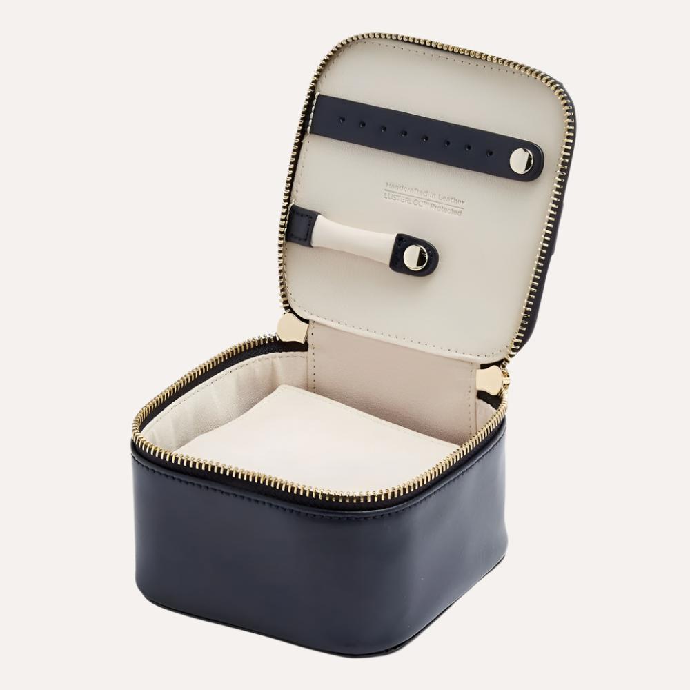 Jewellery cube navy travelling jewellery box 