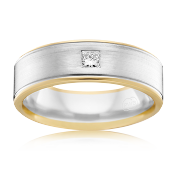 Mens Two Toned Wedding Ring in 18k White Gold and Yellow Gold with brushed finish and punch set diamond