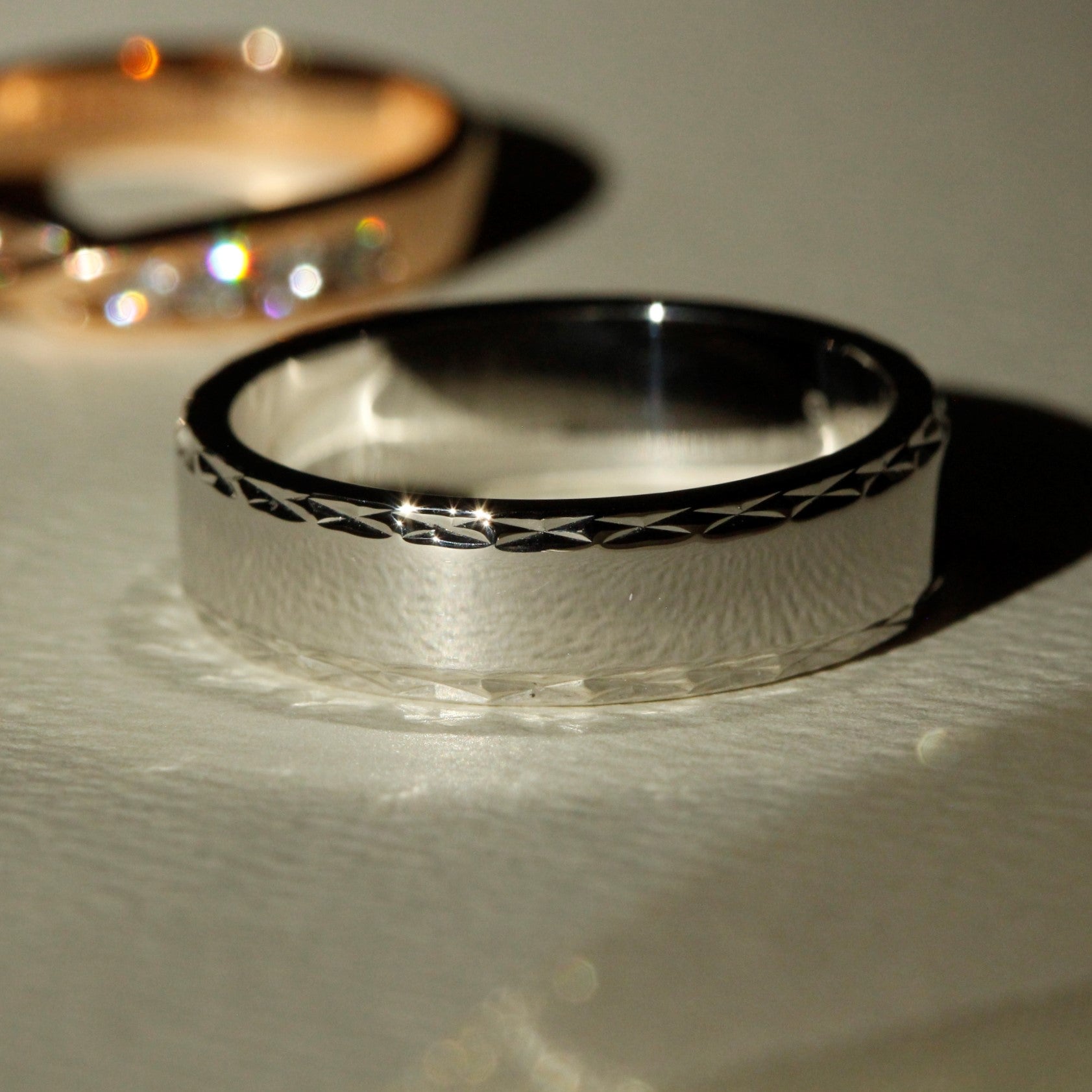 White gold mens wedding ring close up 