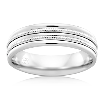 Mens Wedding Ring in White Gold with Two Milgrain Centre Lines