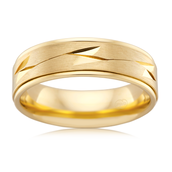 Mens Wedding Ring in Yellow Gold with contemporary pattern and brushed finish