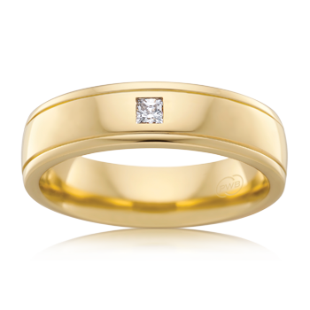 Mens yellow gold wedding ring with 2 grooves and one princess cut diamond