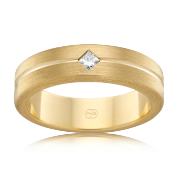 Mens yellow gold wedding ring with one grooves and one angled princess cut diamond with brushed finish