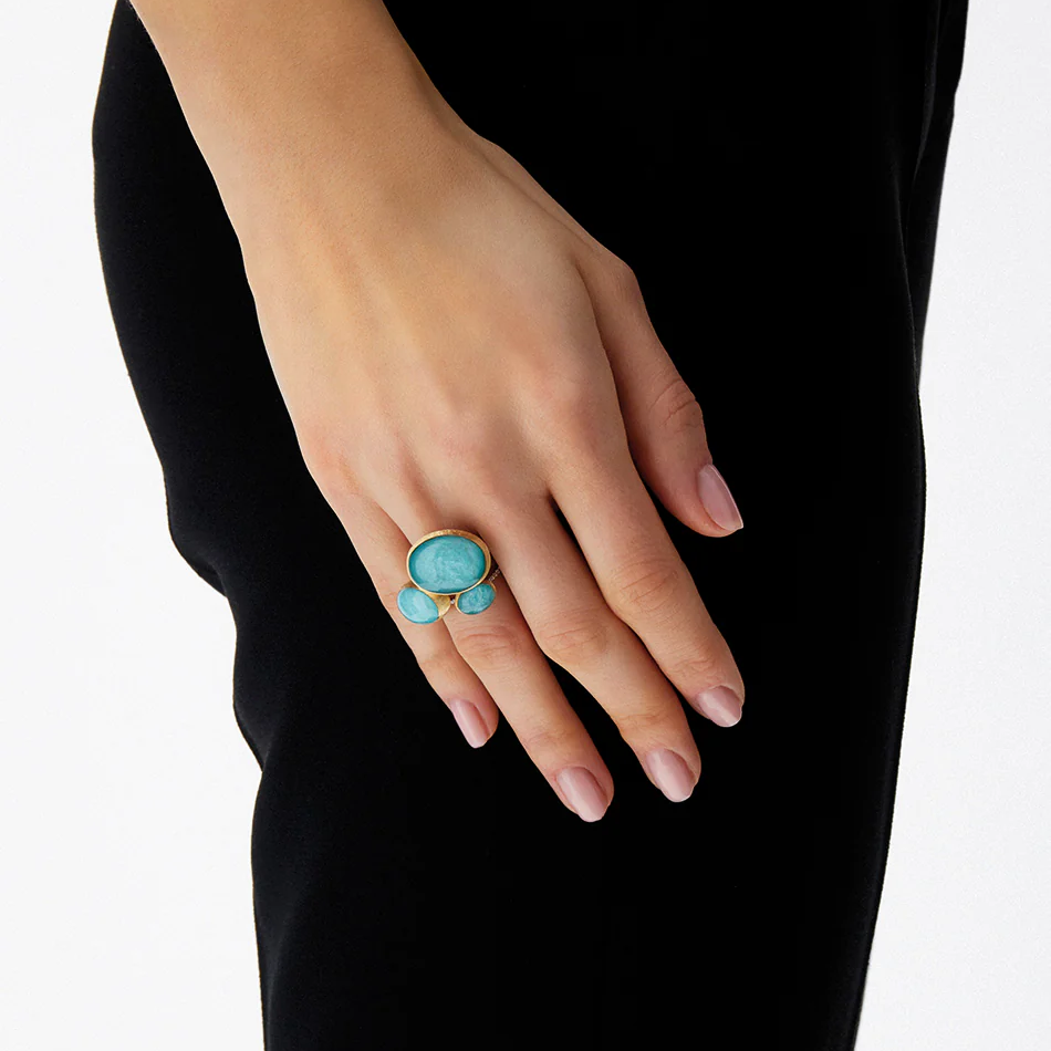 Nanis Muse Boule Gold and Amazonite Gemstone Rings Stacked Together