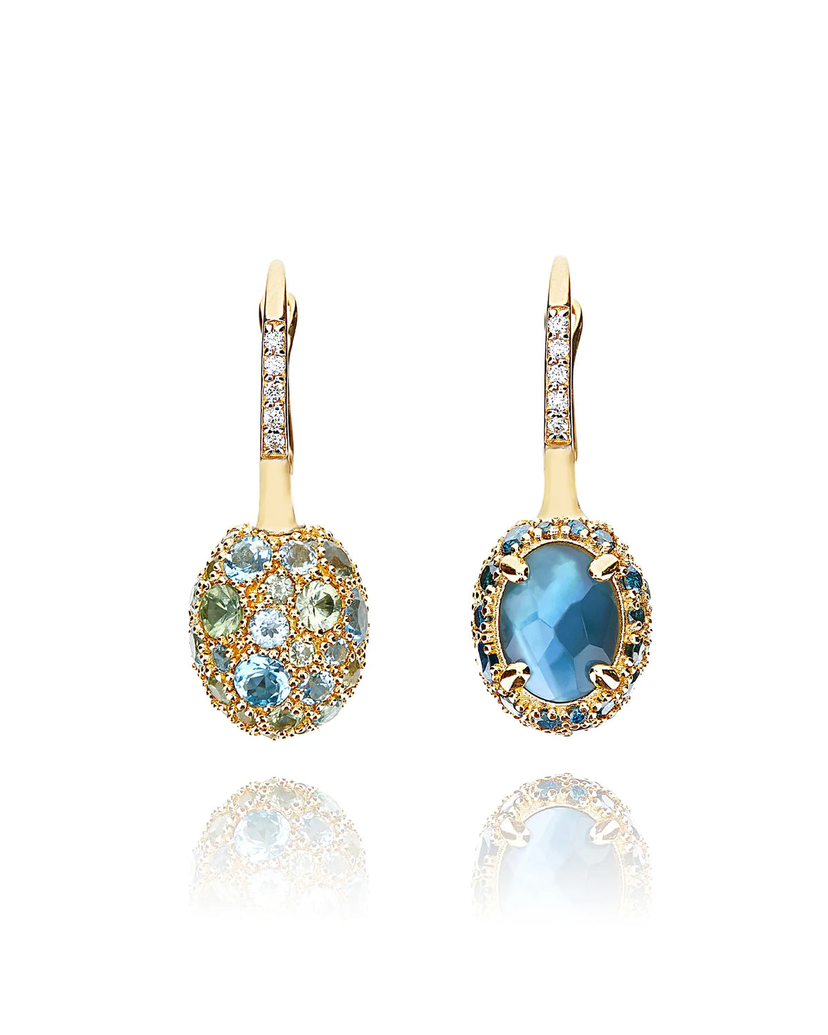 Nanis Reverse Gold, Blue Diamonds, Swiss Blue Topaz, Green Sapphires and London Blue Topaz  Double Face Ball Drop Earrings (Small) - Orsini Jewellers