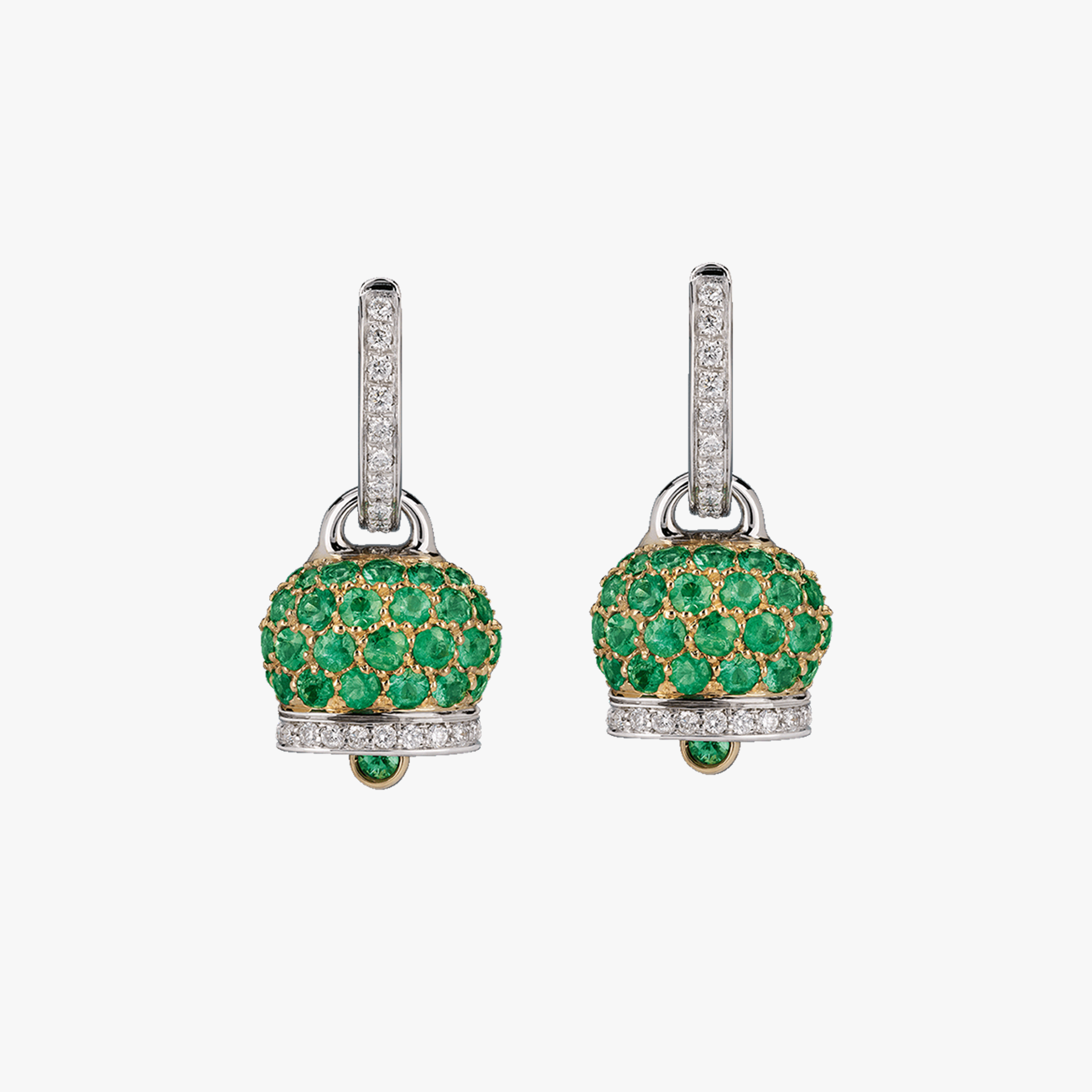 Chantecler Campanella Medium Earrings in 18kt White and Yellow Gold with Diamonds and Emerald Pavé