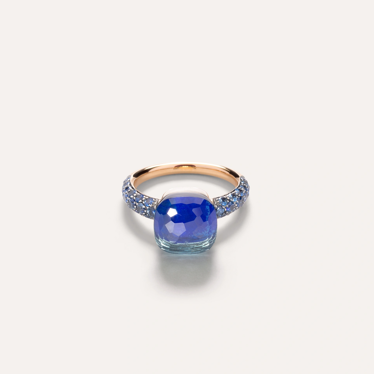 Front View Pomellato_nudo-classic-ring-rose-gold-18kt-white-gold-18kt-blue-london-topaz-lapis-lazuli-blue-sapphire
