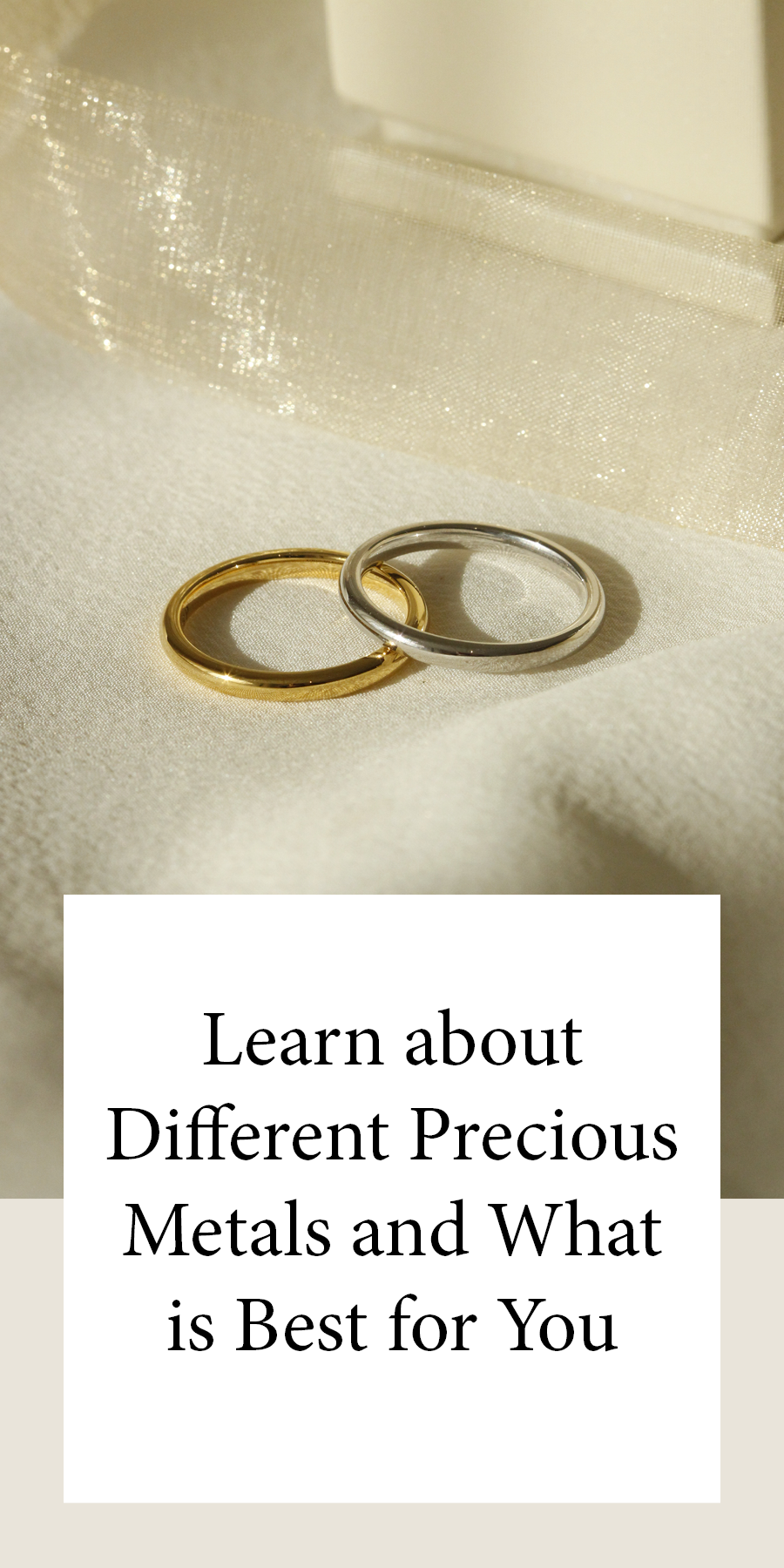 Gold Wedding Rings staged on a cloth together highlighting the difference between yellow gold and white gold 