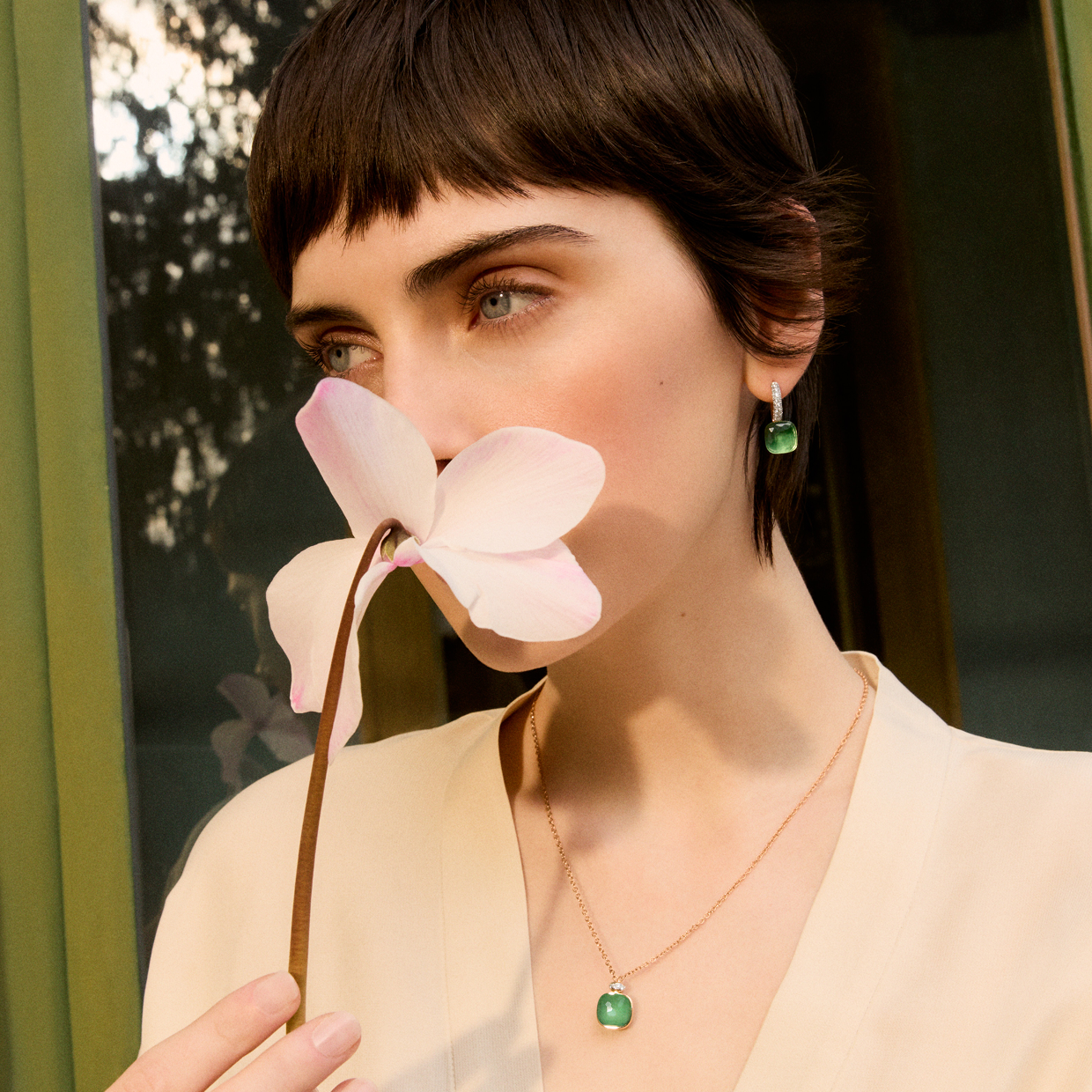 Pomellato Nudo Collection 18k Gold Prasiolite with Green Agate and Diamonds on model