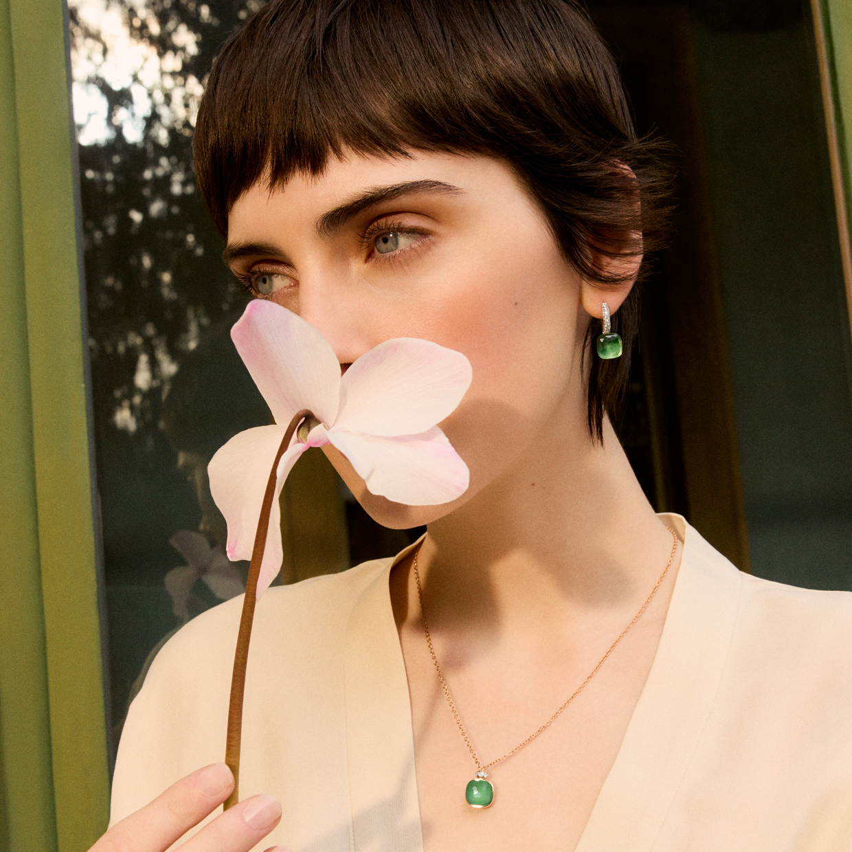 Pomellato Nudo Earrings 18k Gold Prasiolite with Green Agate and Diamonds on model POB4010_O6WHR_BPAAV