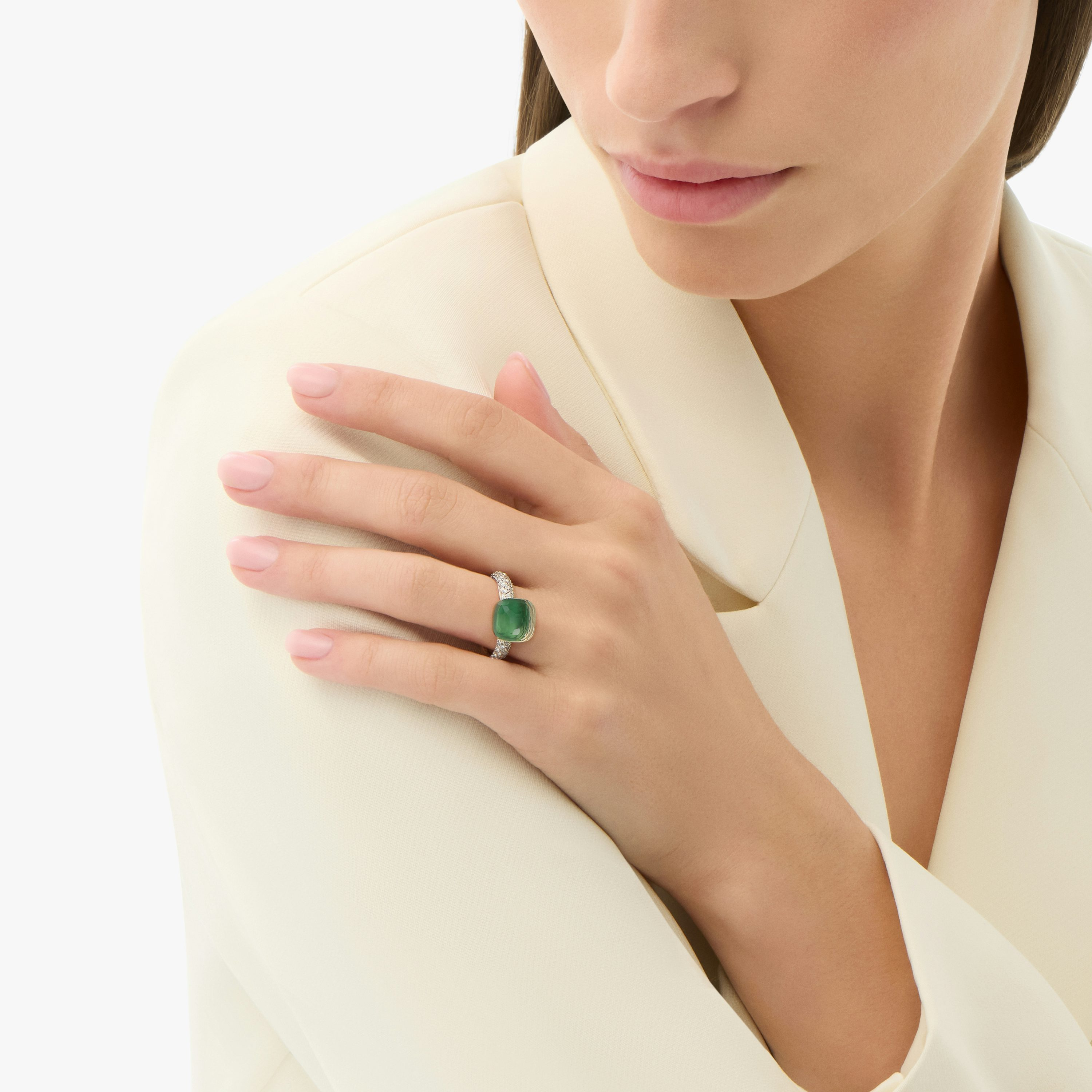 Pomellato Nudo Ring 18k Gold Prasiolite with Green Agate and Diamonds on model