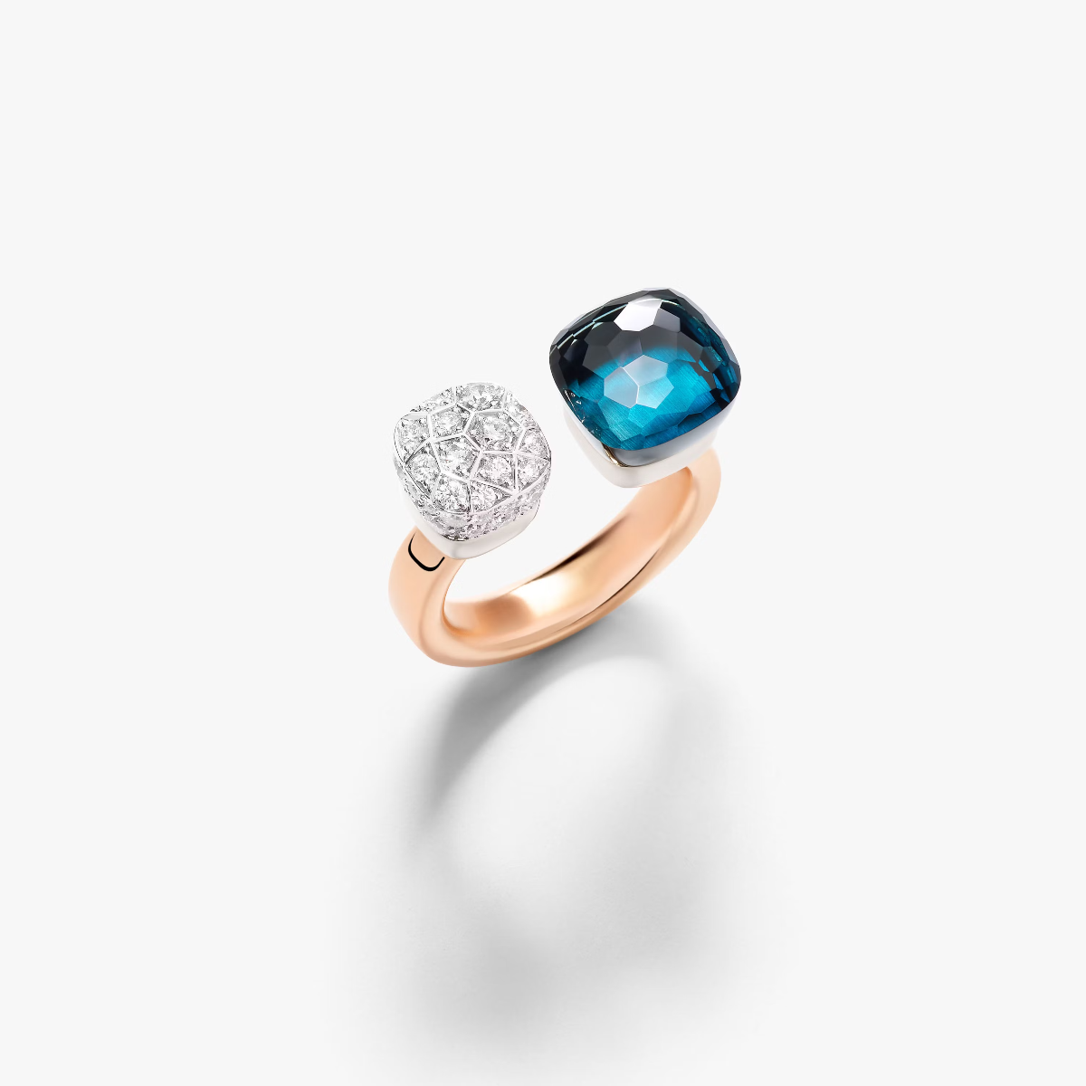 Pomellato Nudo Toi Et Moi Ring in 18k Gold with London Blue Topaz and Diamonds