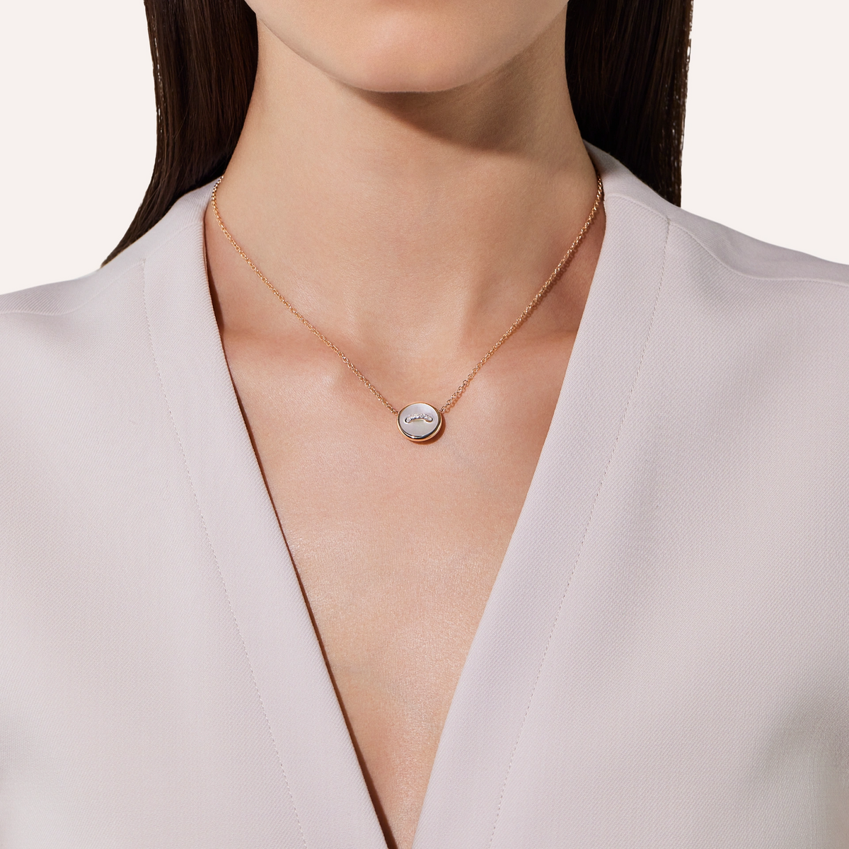 Pomellato_s Mother of Pearl Diamond Necklace worn on Model