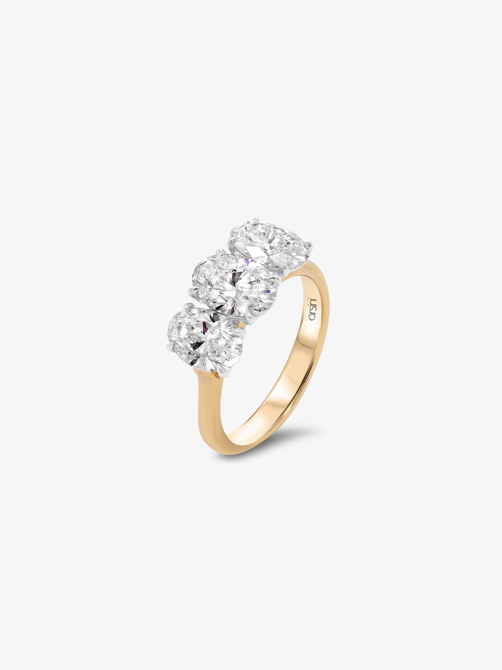Trittico three stone oval diamond engagement ring — 45 degree angle view, white gold | Orsini