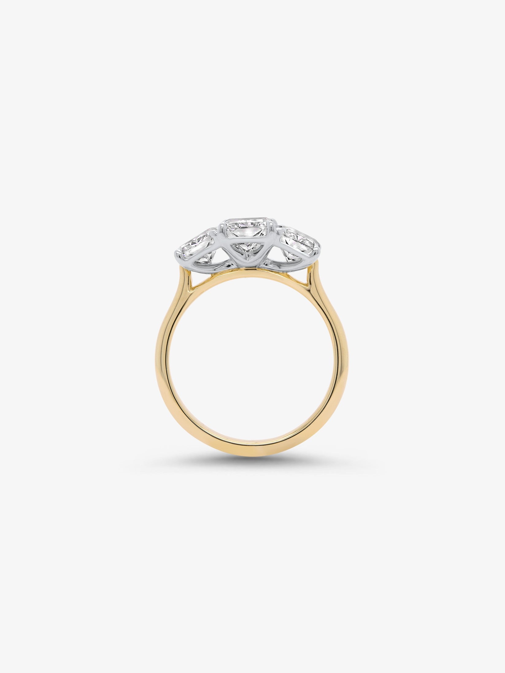 Loggia three stone radiant cut diamond engagement ring — front view, yellow gold | Orsini