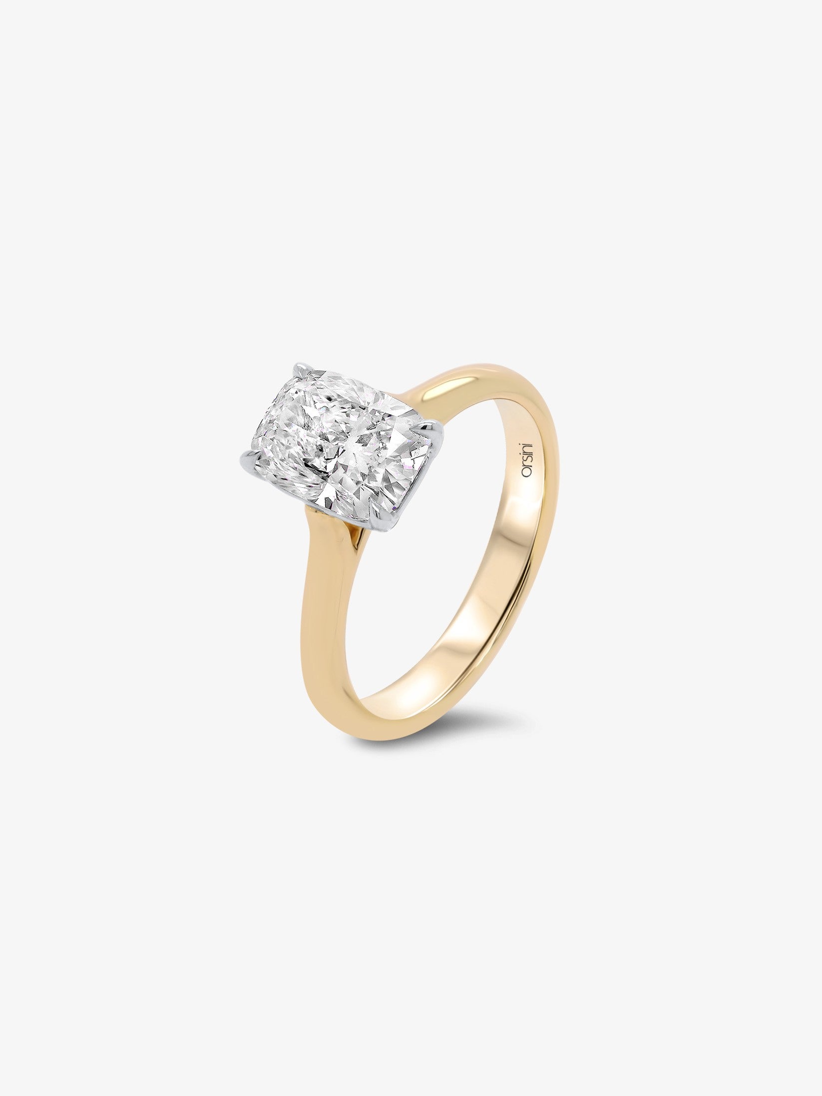 Piazza cushion cut solitaire diamond engagement ring — angle profile, yellow gold | Orsini