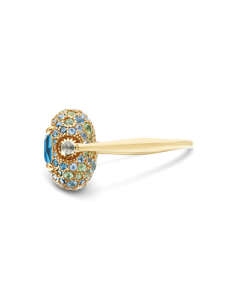 Reverse Gold, Blue Diamonds, Swiss Blue Topaz, Green Sapphires and London Blue Topaz Double Face Ring (Medium) - Orsini Jewellers