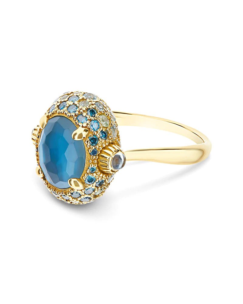 Reverse Gold, Blue Diamonds, Swiss Blue Topaz, Green Sapphires and London Blue Topaz Double Face Ring (Medium) - Orsini Jewellers