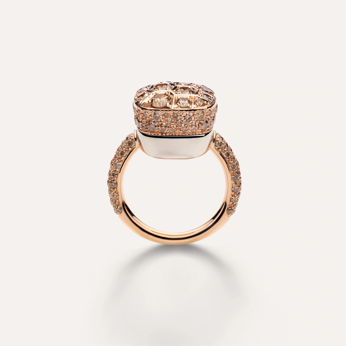 Side view of Pomellato Assoluto Nudo Ring in 18k Rose and White Gold with Brown Diamonds