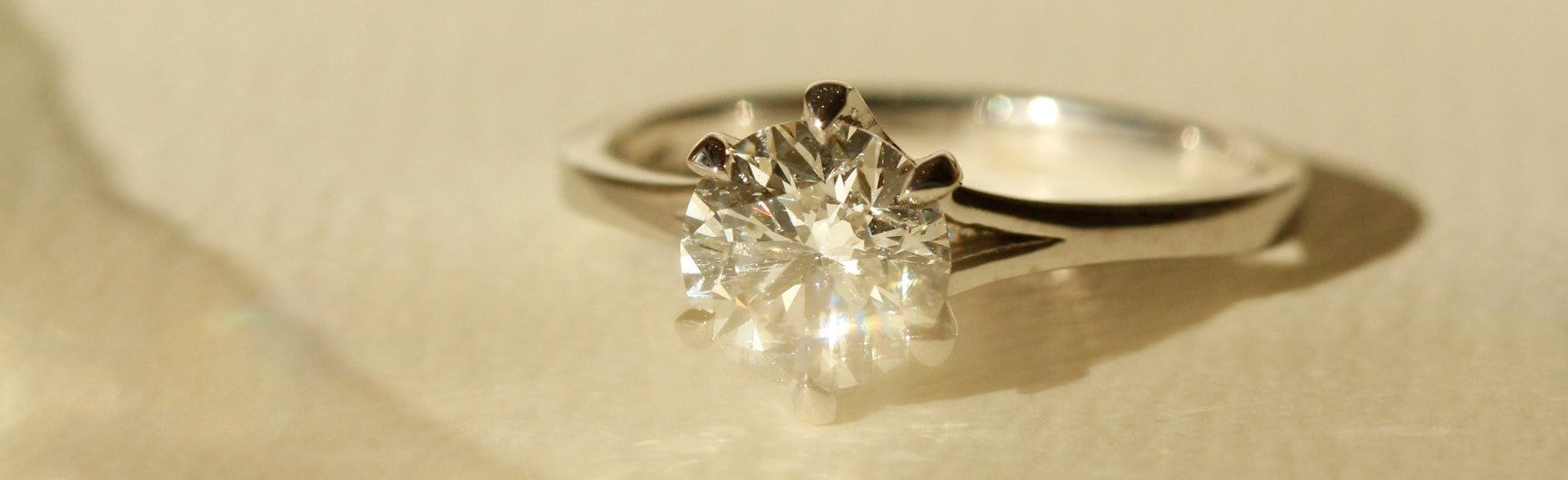 Round brilliant cut diamond engagement ring behind gold ribbon cropped for banner