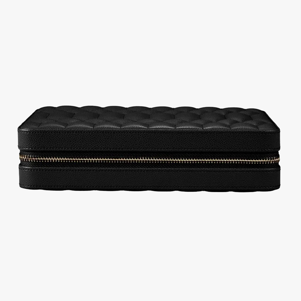 WOLF Lauren large zip jewellery case in black leather with elegant storage for rings, earrings, bracelets and necklaces. Discover luxury jewellery storage at Orsini.