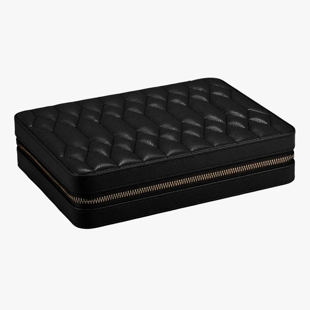 WOLF Lauren large zip jewellery case in black leather with elegant storage for rings, earrings, bracelets and necklaces. Discover luxury jewellery storage at Orsini.