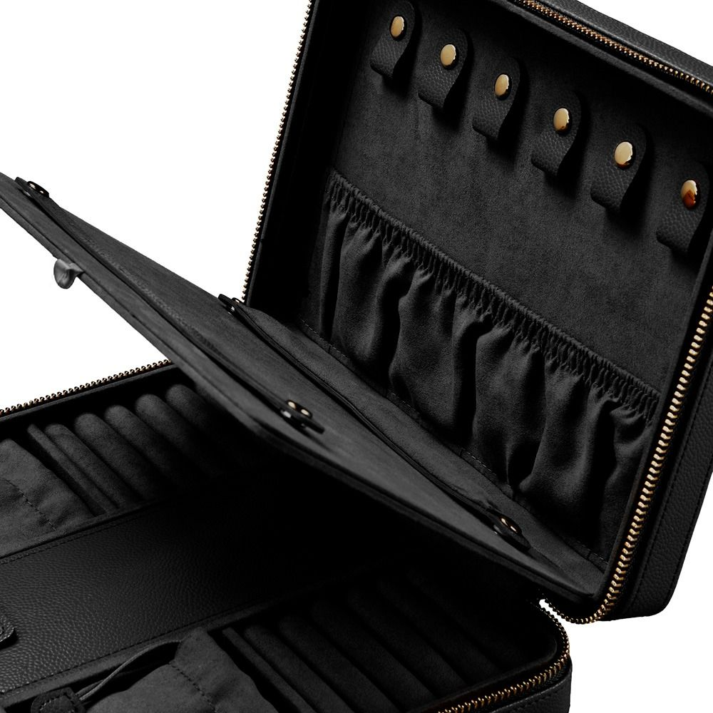 WOLF Lauren large zip jewellery case in black leather with elegant storage for rings, earrings, bracelets and necklaces. Discover luxury jewellery storage at Orsini.