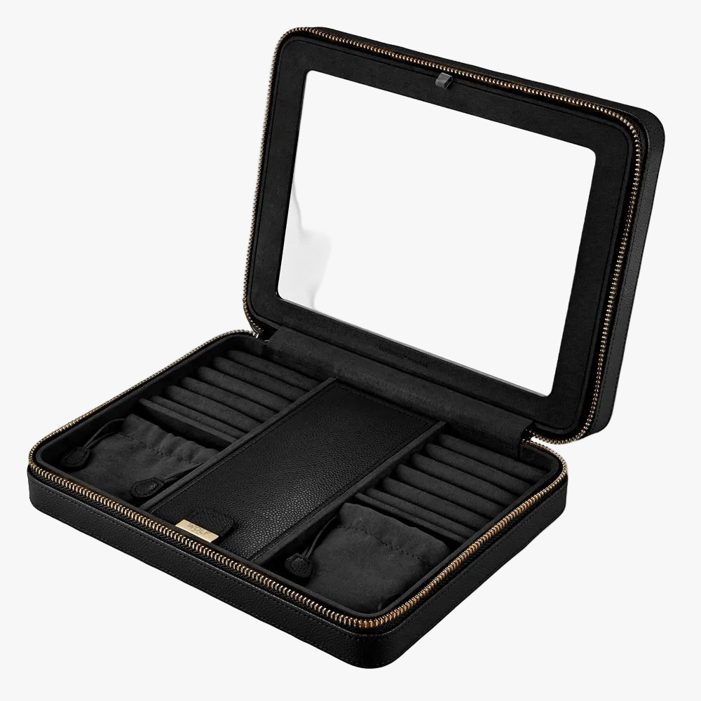 WOLF Lauren large zip jewellery case in black leather with elegant storage for rings, earrings, bracelets and necklaces.