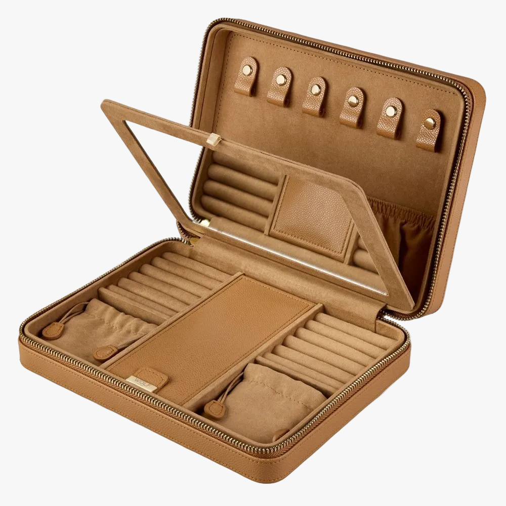 The WOLF Lauren Large Zip Jewellery Case in caramel leather offers elegant storage