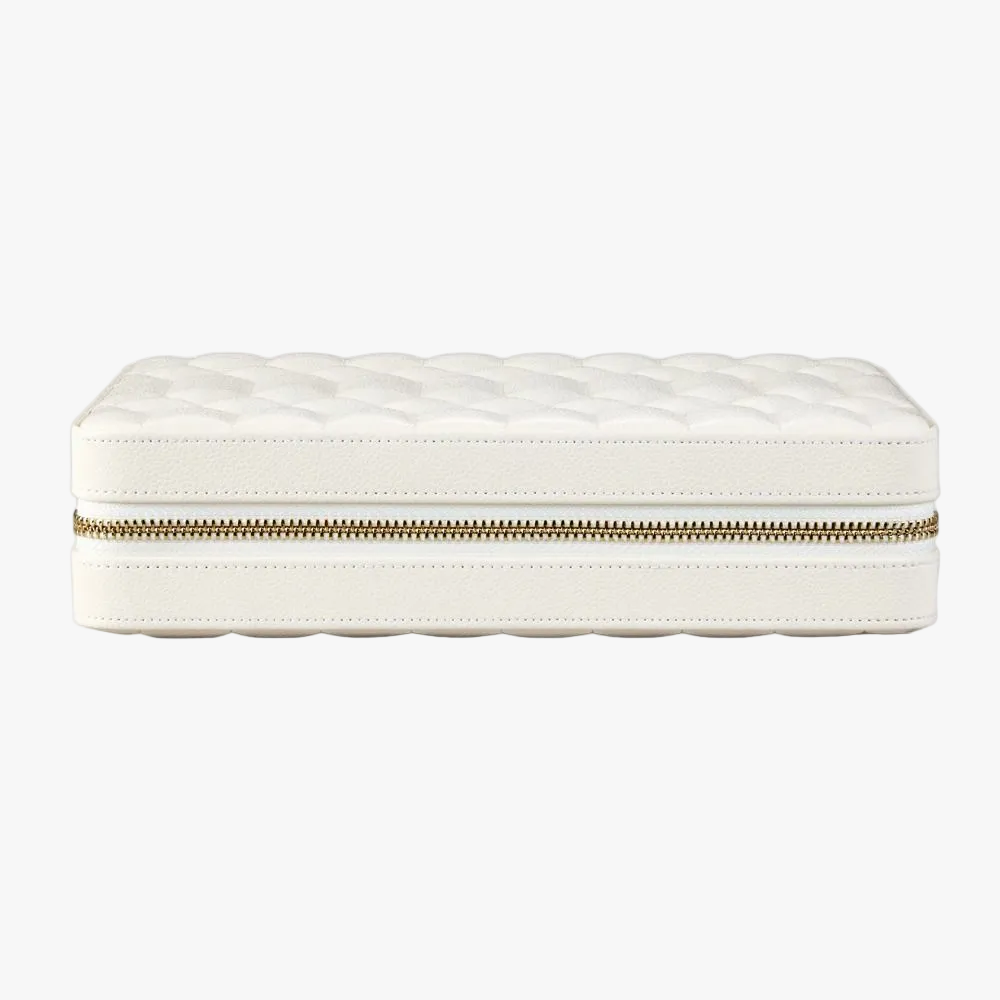 WOLF Lauren large zip jewellery case in ivory leather with elegant storage for rings, earrings, bracelets and necklaces. Discover luxury jewellery storage at Orsini.