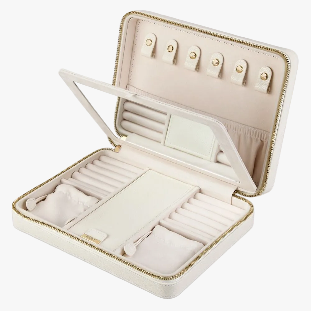 WOLF Lauren large zip jewellery case in ivory leather with elegant storage for rings, earrings, bracelets and necklaces. Discover luxury jewellery storage at Orsini.