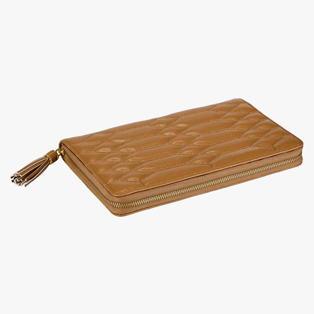 WOLF Lauren jewellery portfolio in caramel leather with elegant storage for rings, earrings and necklaces. Discover luxury jewellery travel accessories at Orsini.