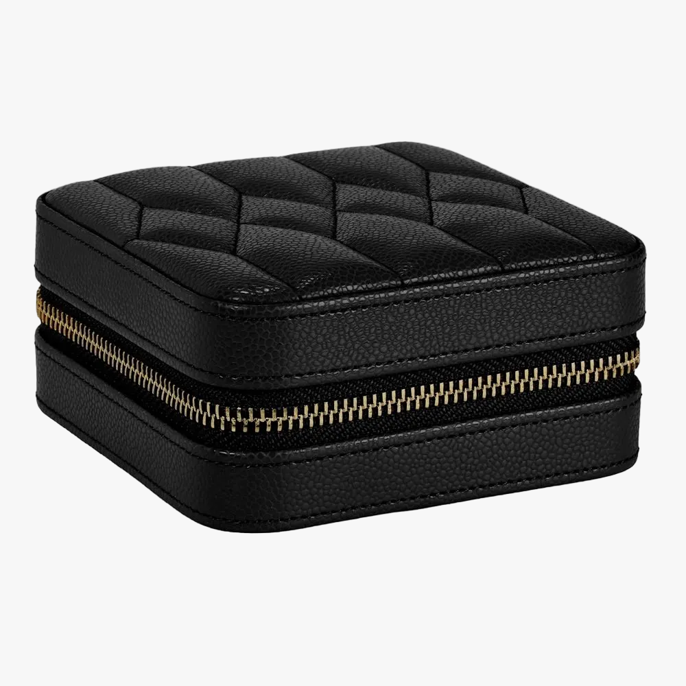 WOLF Lauren small zip jewellery case in black leather with elegant storage for rings, earrings, bracelets and necklaces. Discover luxury jewellery storage at Orsini.