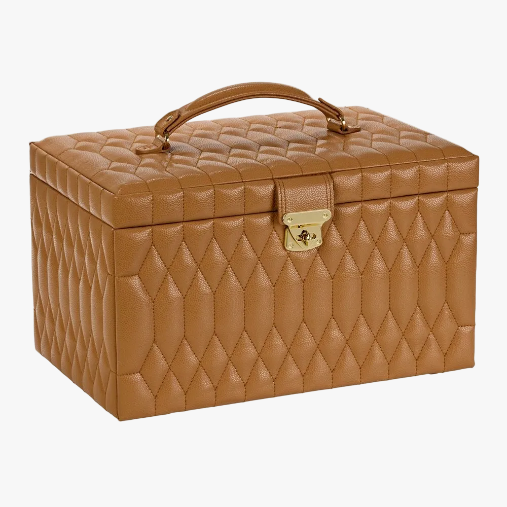 WOLF Lauren large jewellery box in caramel leather with LusterLoc™ lining, removable travel case and refined jewellery storage. Discover at Orsini.