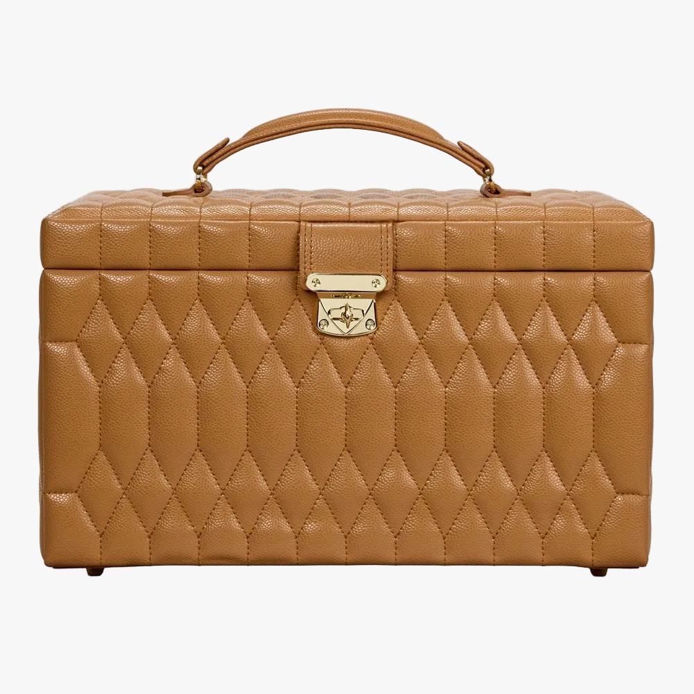 WOLF Lauren large jewellery box in caramel leather with LusterLoc™ lining, removable travel case and refined jewellery storage.