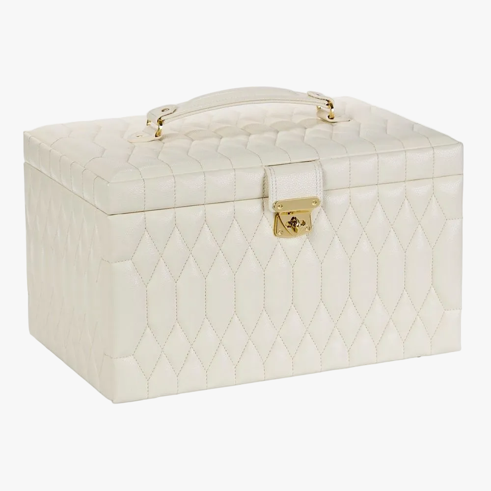 WOLF Lauren large jewellery box in ivory leather with LusterLoc™ lining, removable travel case and elegant jewellery storage.