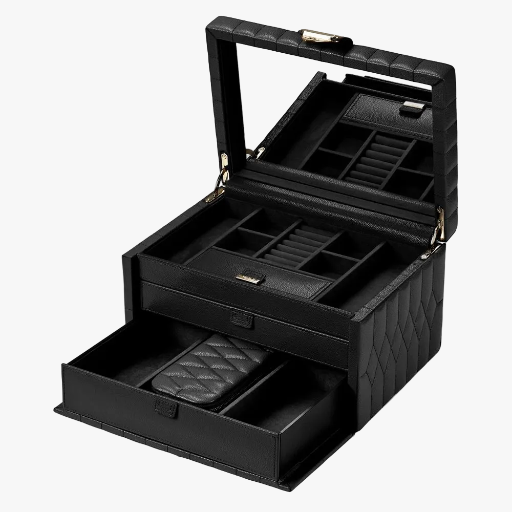 WOLF Lauren medium jewellery box in black leatherwith elegant jewellery storage from Orsini Fine Jewellery Auckland.